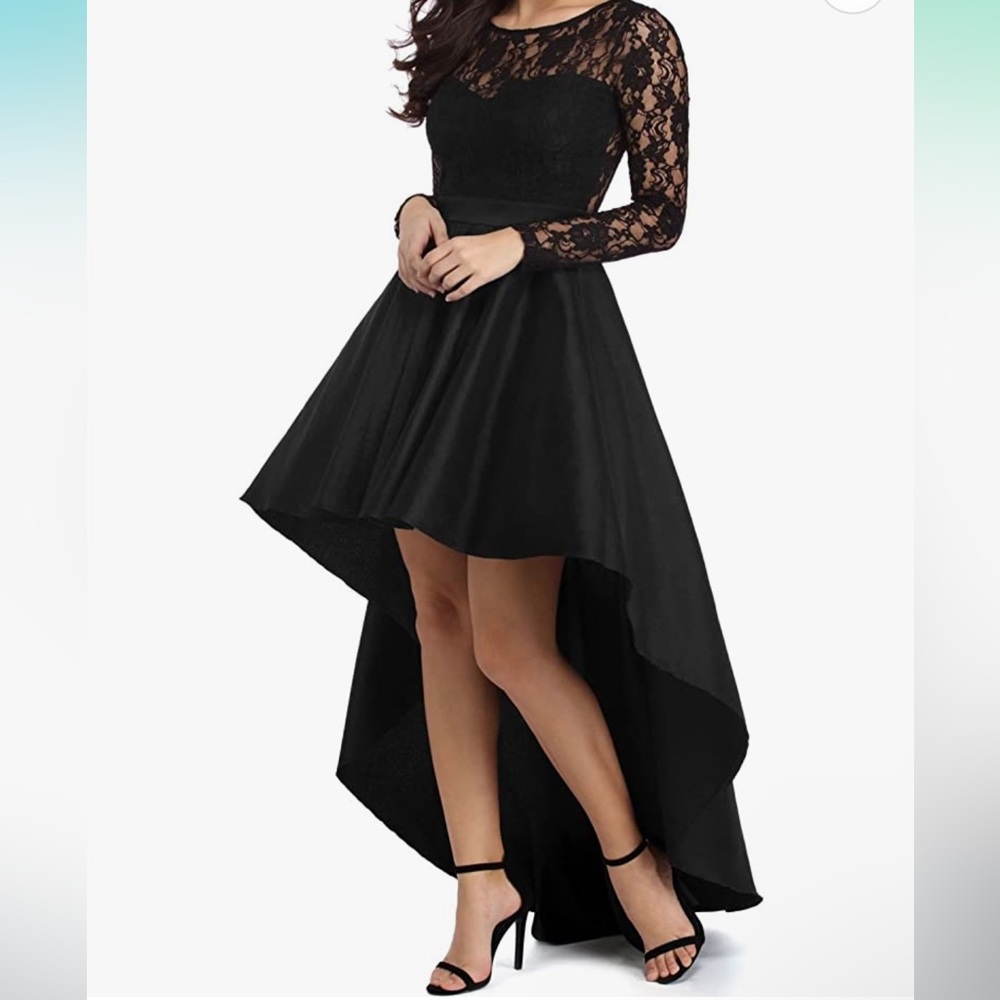 Women’s black lacy high low cocktail, wedding, dance dress. NWOT